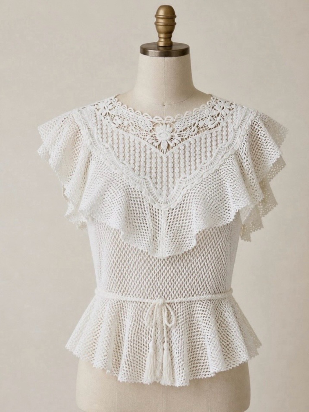 Anthropologie White Crochet Peplum Top with Drawstring